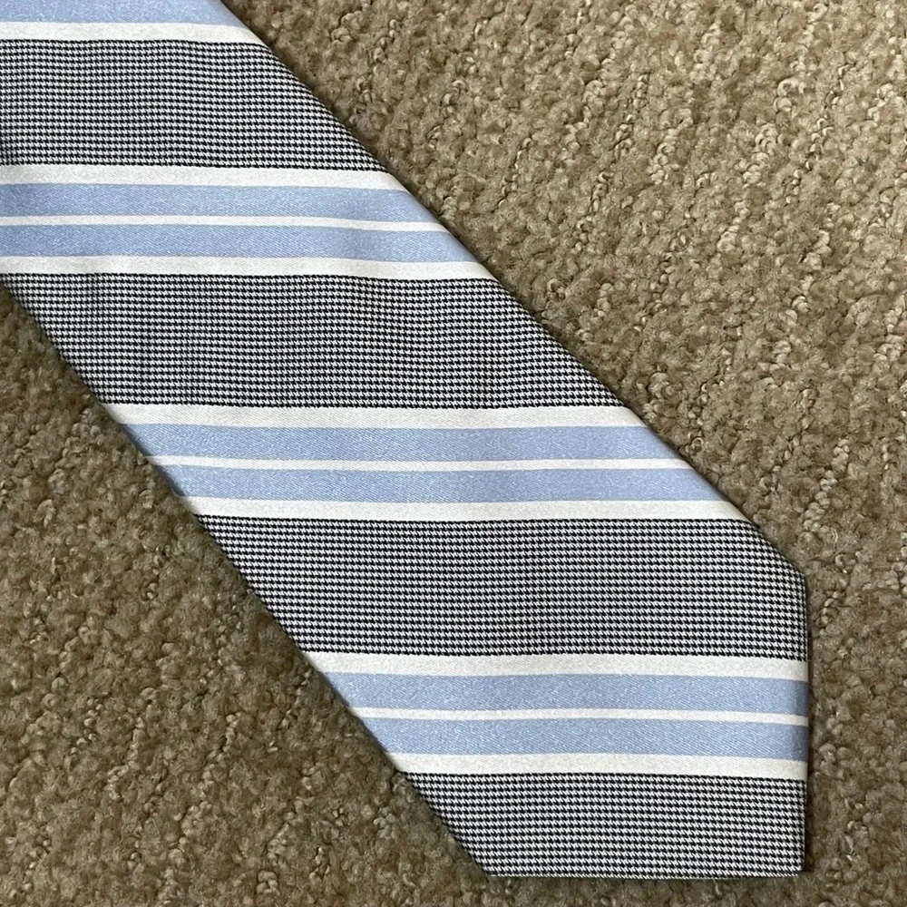 Ike Behar Silk Tie Wedding Formal Blue White Black Striped Hand Tailored USA